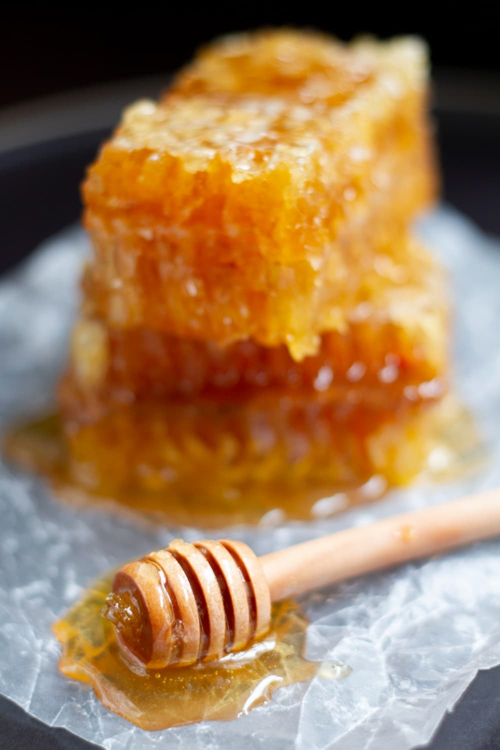Stacked honeycomb squares on a plate
