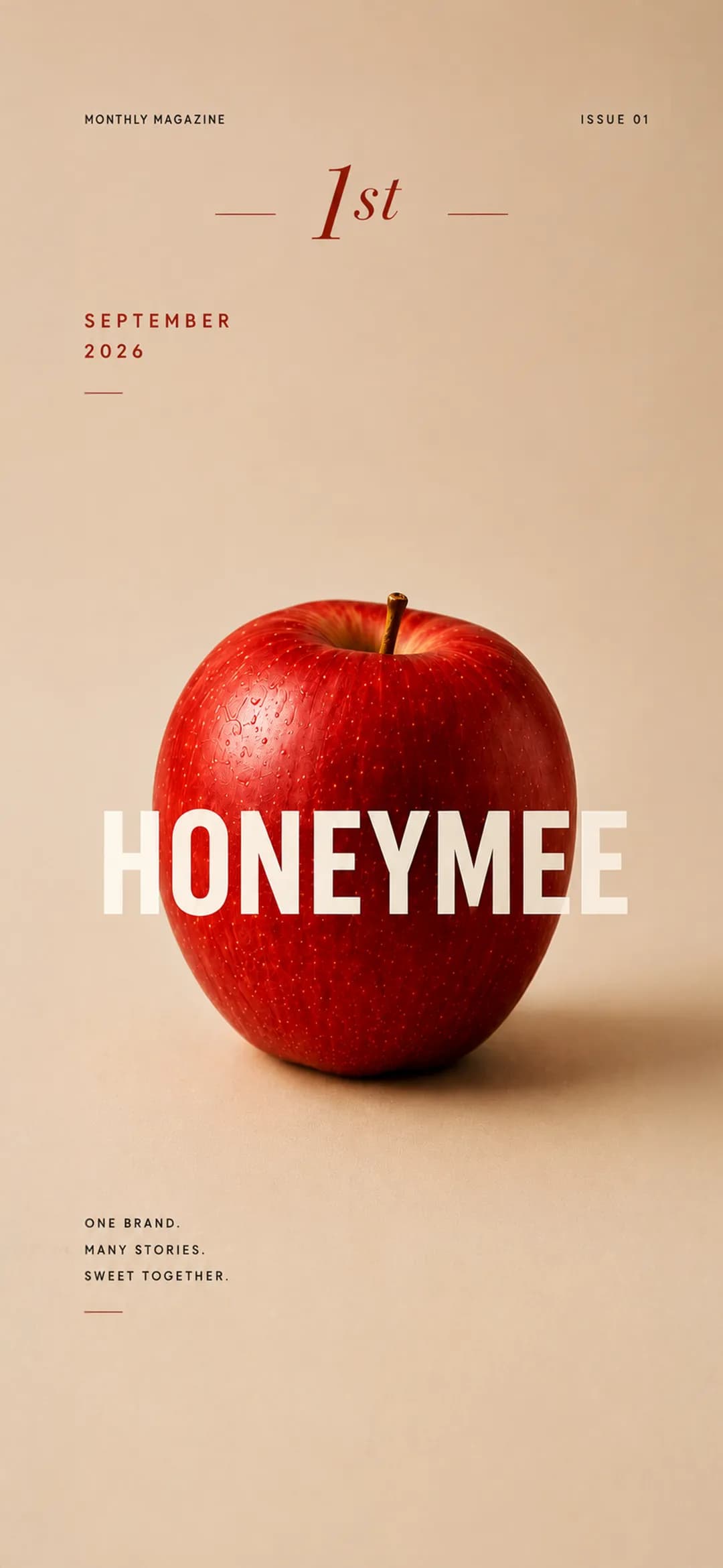 Issue 01, September 2026: a red apple with HONEYMEE across it. One brand. Many stories. Sweet together.